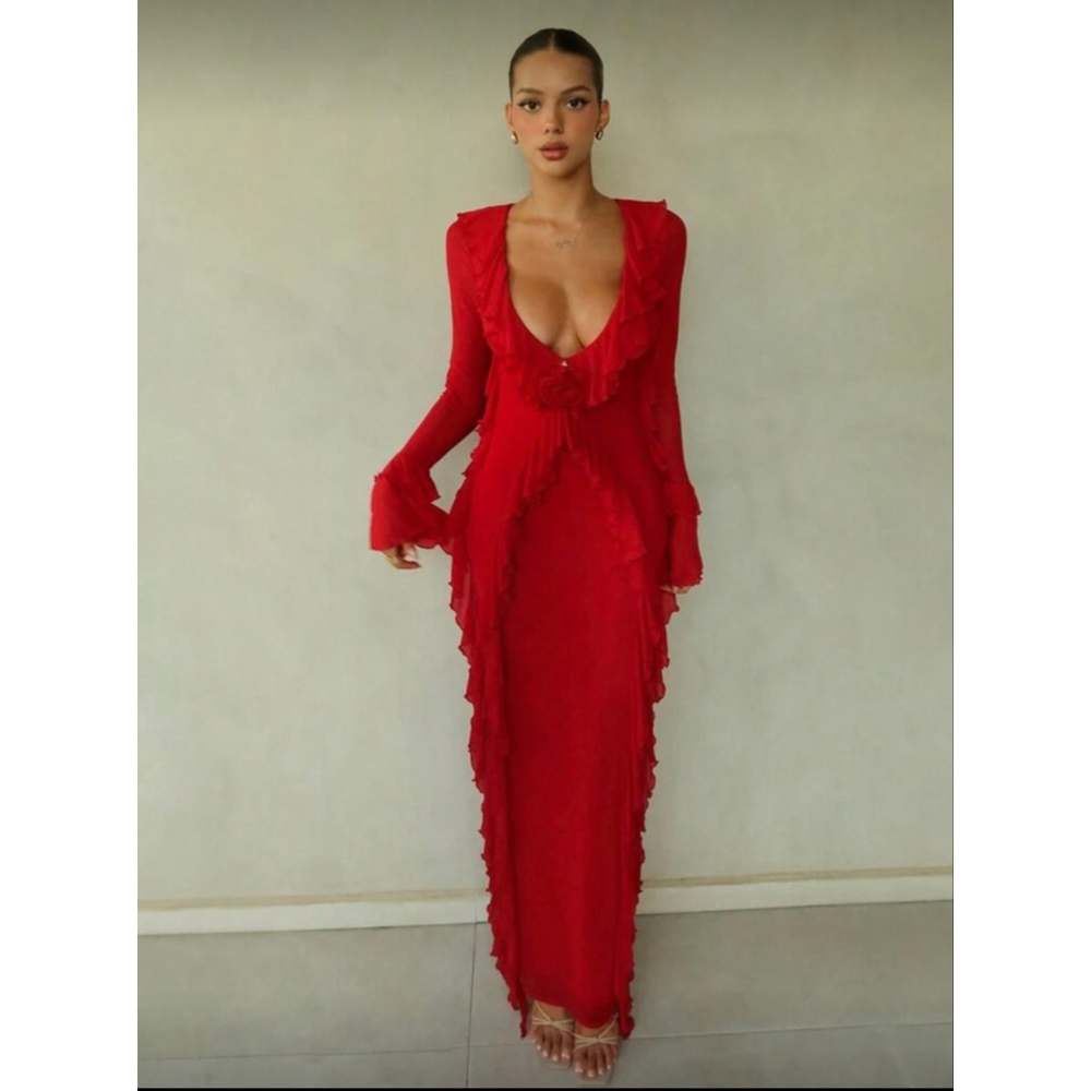 SHEIN Red Ruffle Long Sleeve Mesh Maxi Dress Size 6 - Picture 1 of 16